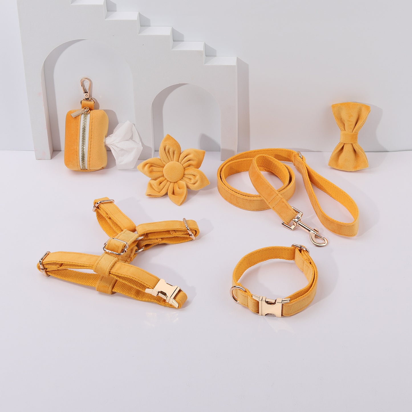 Miha Boss Classic Velvet Soft Pet Collar Leash Bow Strap Dog Poop Bag Flower Set