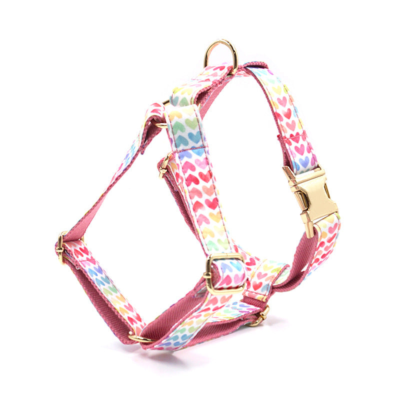 Pettns | Pink Dog Harness with Colorful Heart Pattern and Gold-Tone Buckle for Daily Walks
