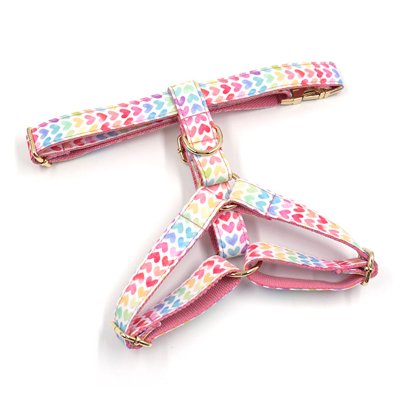 Pettns | Pink Dog Harness with Colorful Heart Pattern and Gold-Tone Buckle for Daily Walks