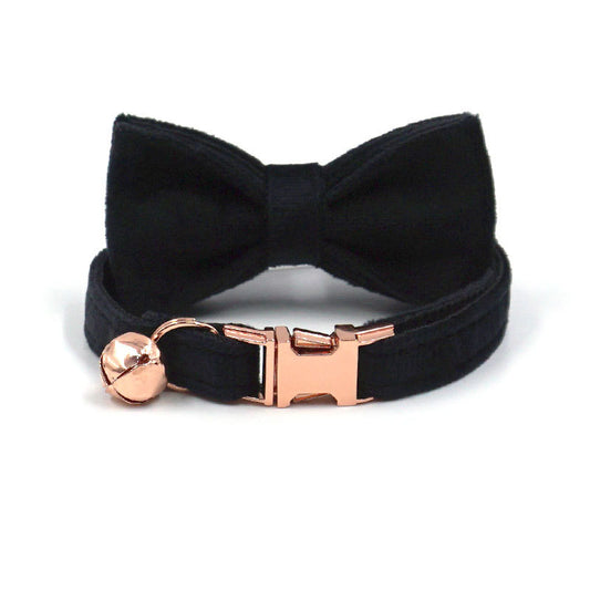 Pettns | Black Velvet Cat Collar with Metal Buckle, Optional Engraving and Bell Accent