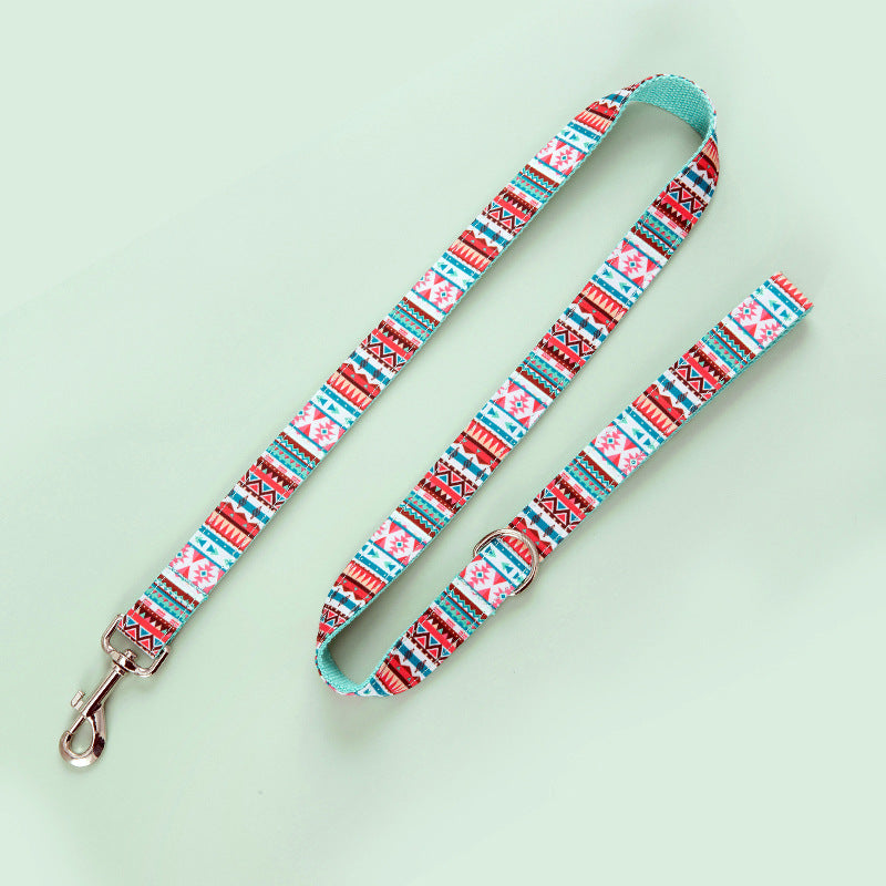 Factory Direct Sales Cross-Border Pet Dog Collar Ethnic Style Printed Cotton Pet Leash Dog Bow Set