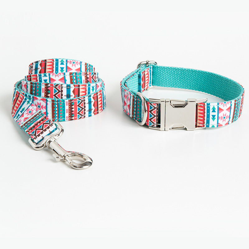 Factory Direct Sales Cross-Border Pet Dog Collar Ethnic Style Printed Cotton Pet Leash Dog Bow Set