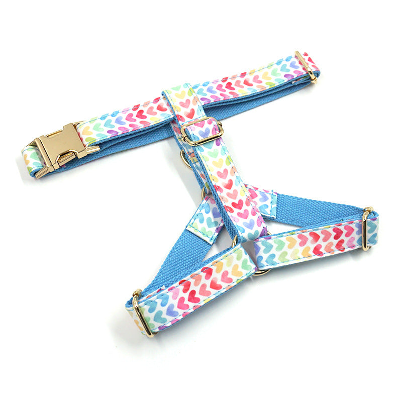 Pettns | Blue Dog Harness with Colorful Heart Pattern and Gold-Tone Buckle for Daily Walks